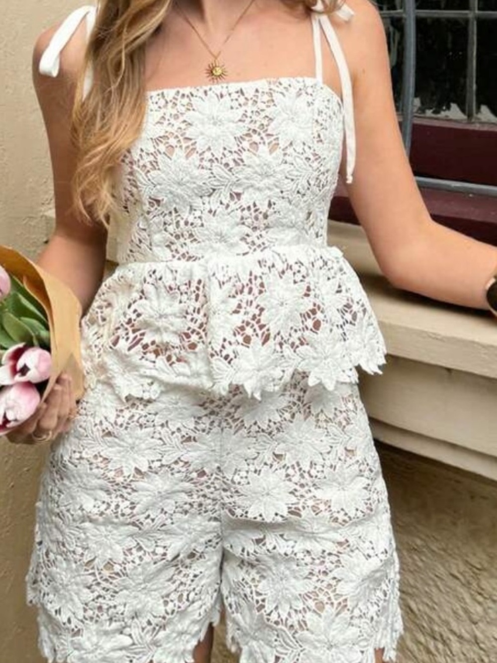White Lace Floral Romper with Tie Straps